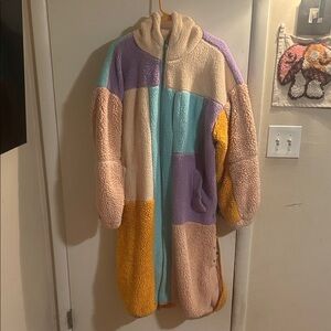 Free people movementColorblock Sherpa Fleece Zip Hooded Coat - Pastel Patchwork